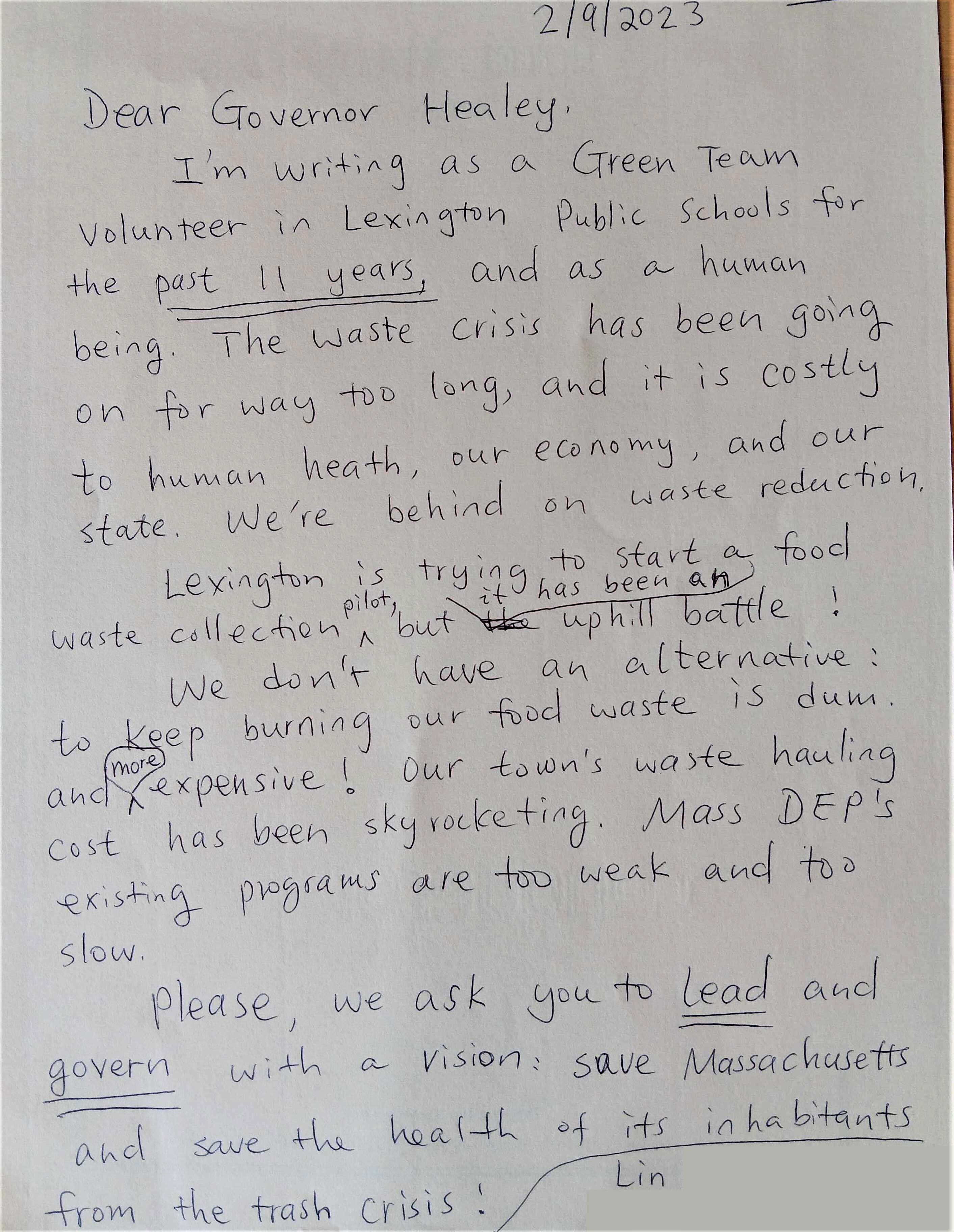 Image of a letter written to Gov Healey with text urging him to reduce plastic pollution