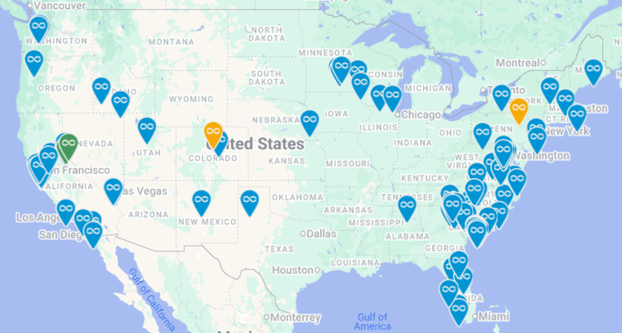 Dozens of pins across a map of the US
