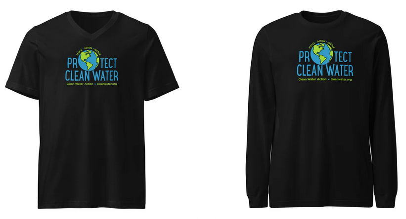 Black V-neck and longsleeve t-shirts with "Protect Clean Water" and an image of the Earth printed on the front