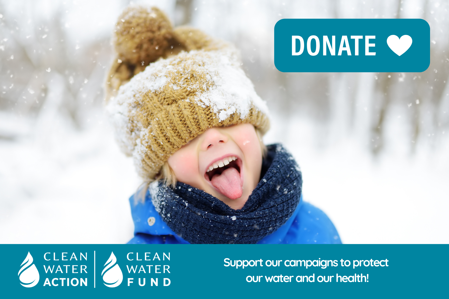 Donate Button with kid catching snow on tongue