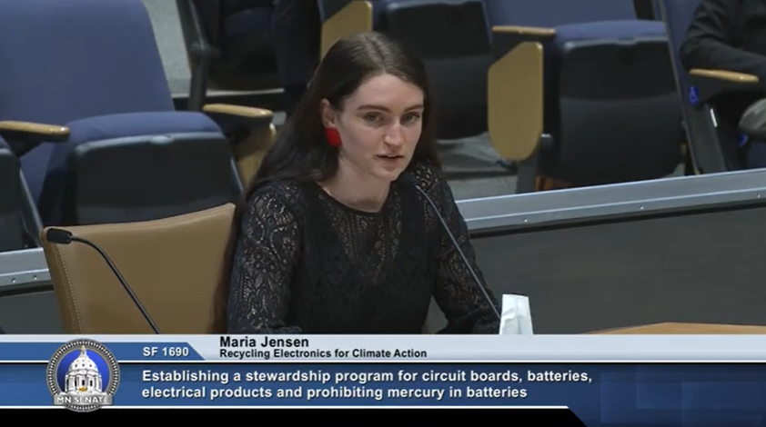 Televised hearing where Maria Jensen is speaking on SF 1690, Recycling Electronics for Climate Action
