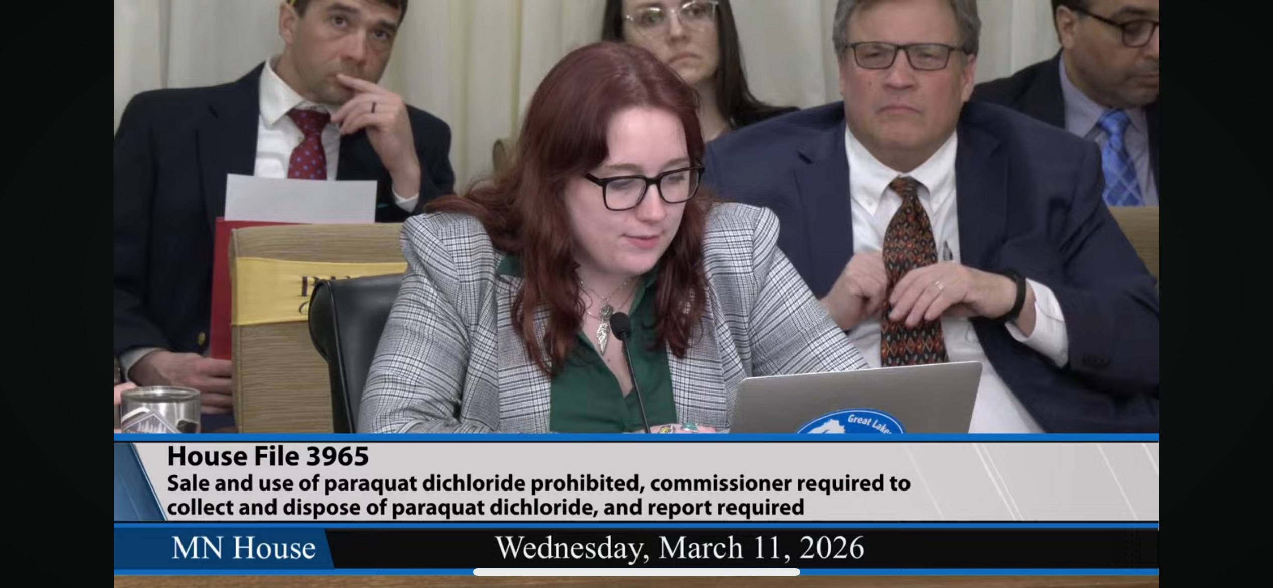Livestreamed hearing where Morgan Schafer is speaking on HF 3965 on sale and use of paraquat dichloride