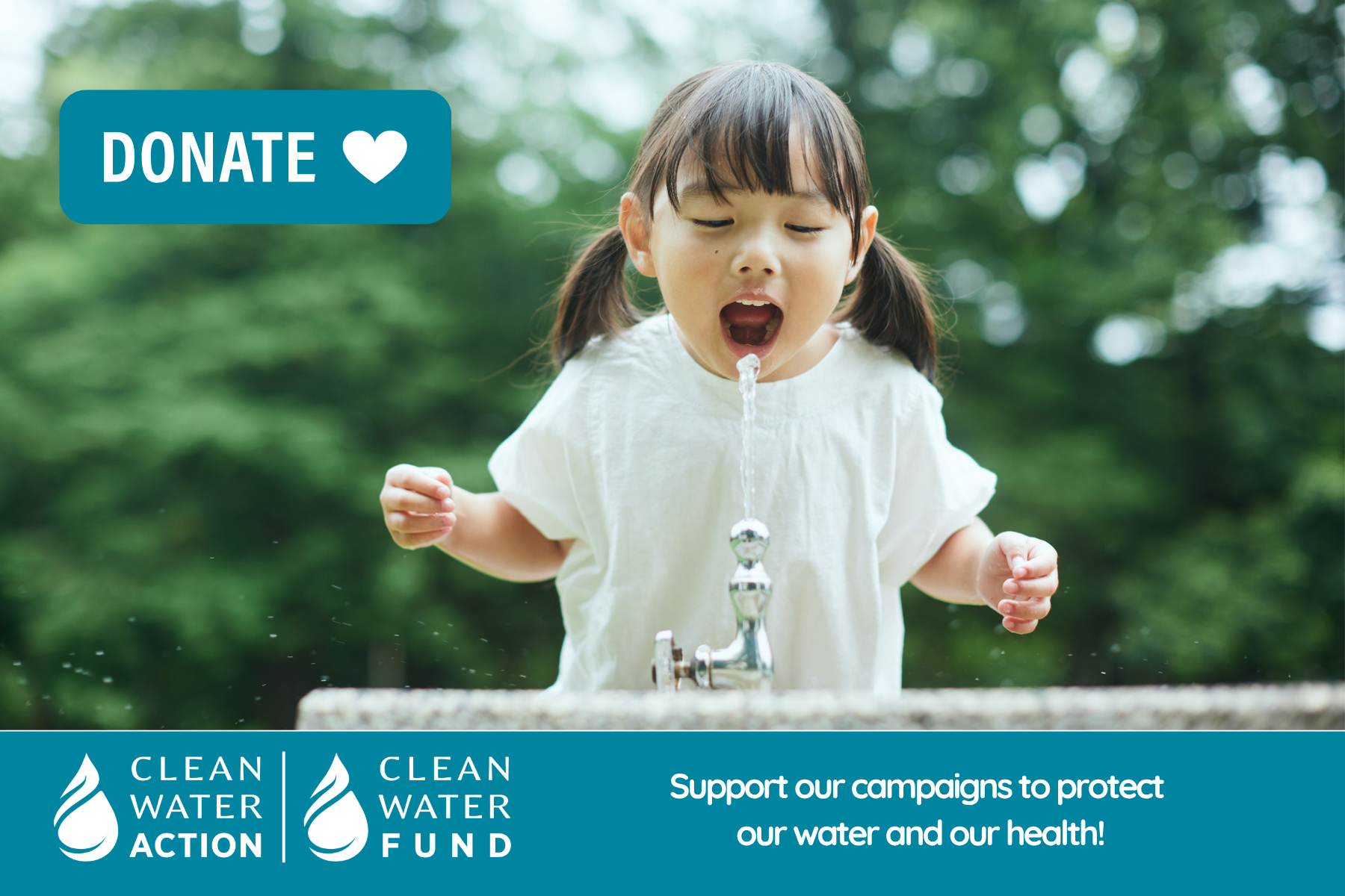 Donate graphic with young girl drinking from fountain