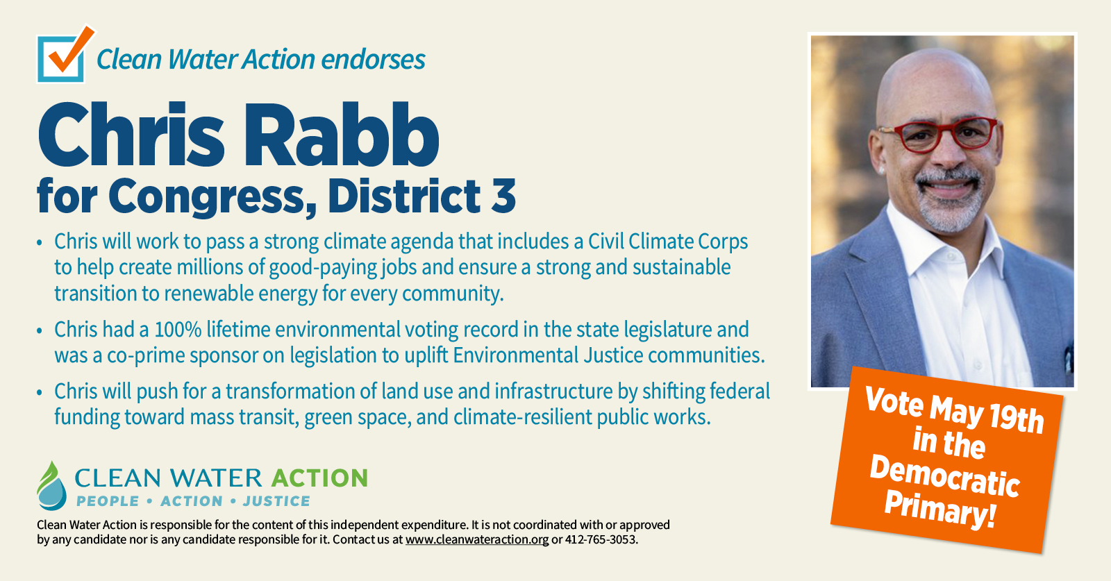 Clean Water Action endorsement graphic: Rabb