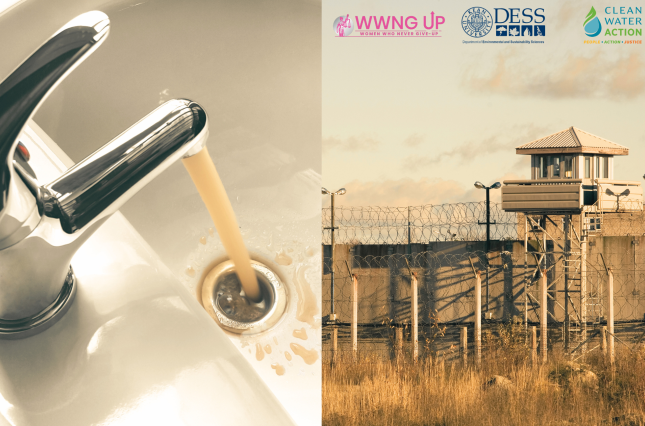 Image of a prison and dirty water coming out of a faucet. Canva.