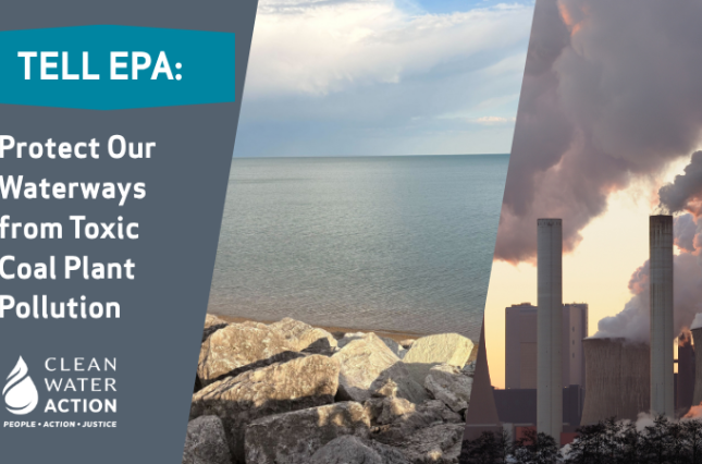 Image of waterway (Lake Michigan) next to coal plant pollution