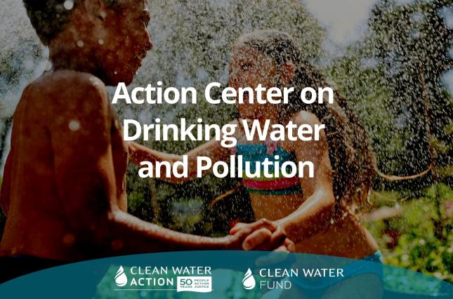 Two kids playing sprinkler, action center image for clean water action from canva