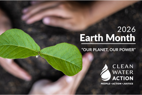 Green plant sprouting out of ground with hands planting for Earth Month