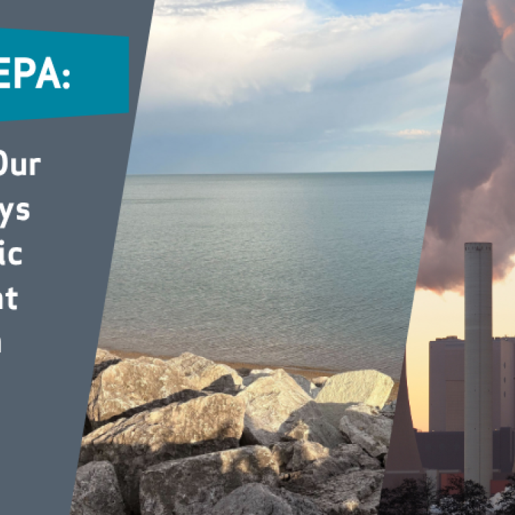Image of waterway (Lake Michigan) next to coal plant pollution