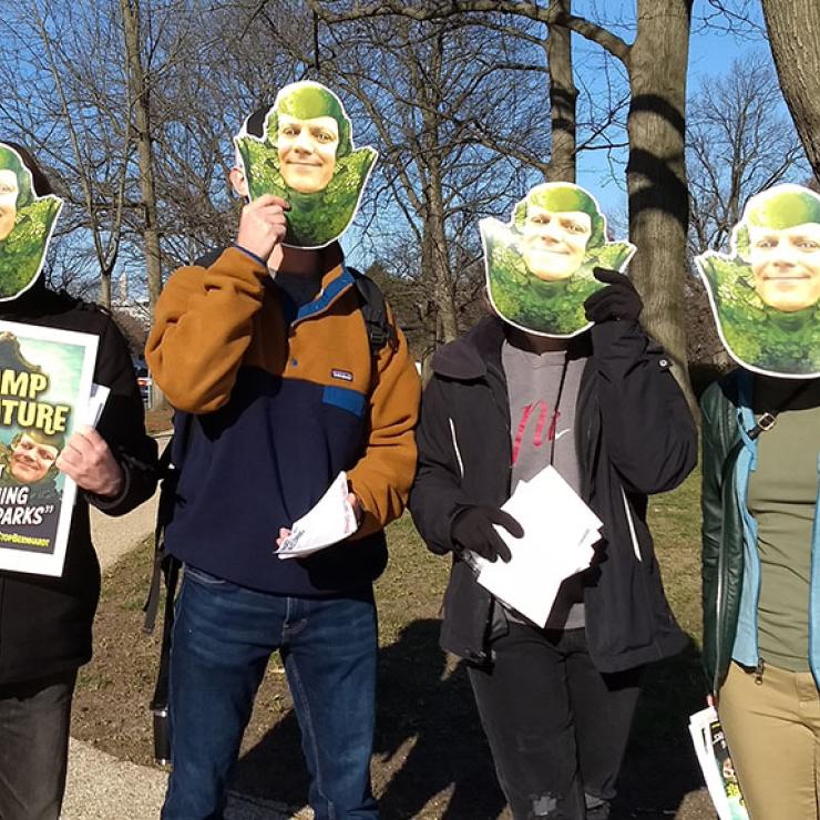 Clean Water Canvassers in Bernhardt swamp creature masks