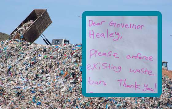 Image of a pile of trash in a landfill with a note with text that says "Dear Gov Haley, Please enforce existing waste ban. Thank you."