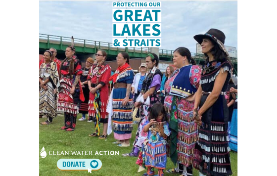 Indigenous women protest next to the Straits of Mackinac and Line 5