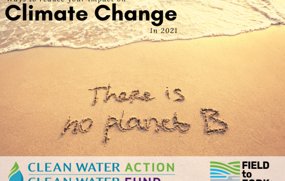 "There is No Planet B" written in sand along wateredge. Caption: Ways to reduce your impact on Clima