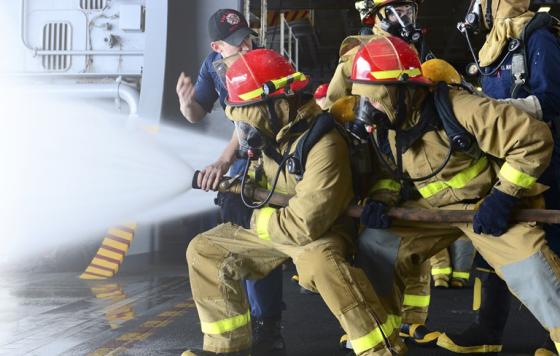 Firefighters using PFAS fire fighting foam